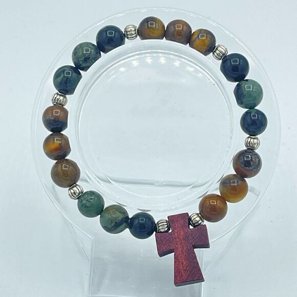 Crystal beaded stretch bracelet ONE NEW yellow tiger eye kambaba jasper cross re - Picture 6 of 8